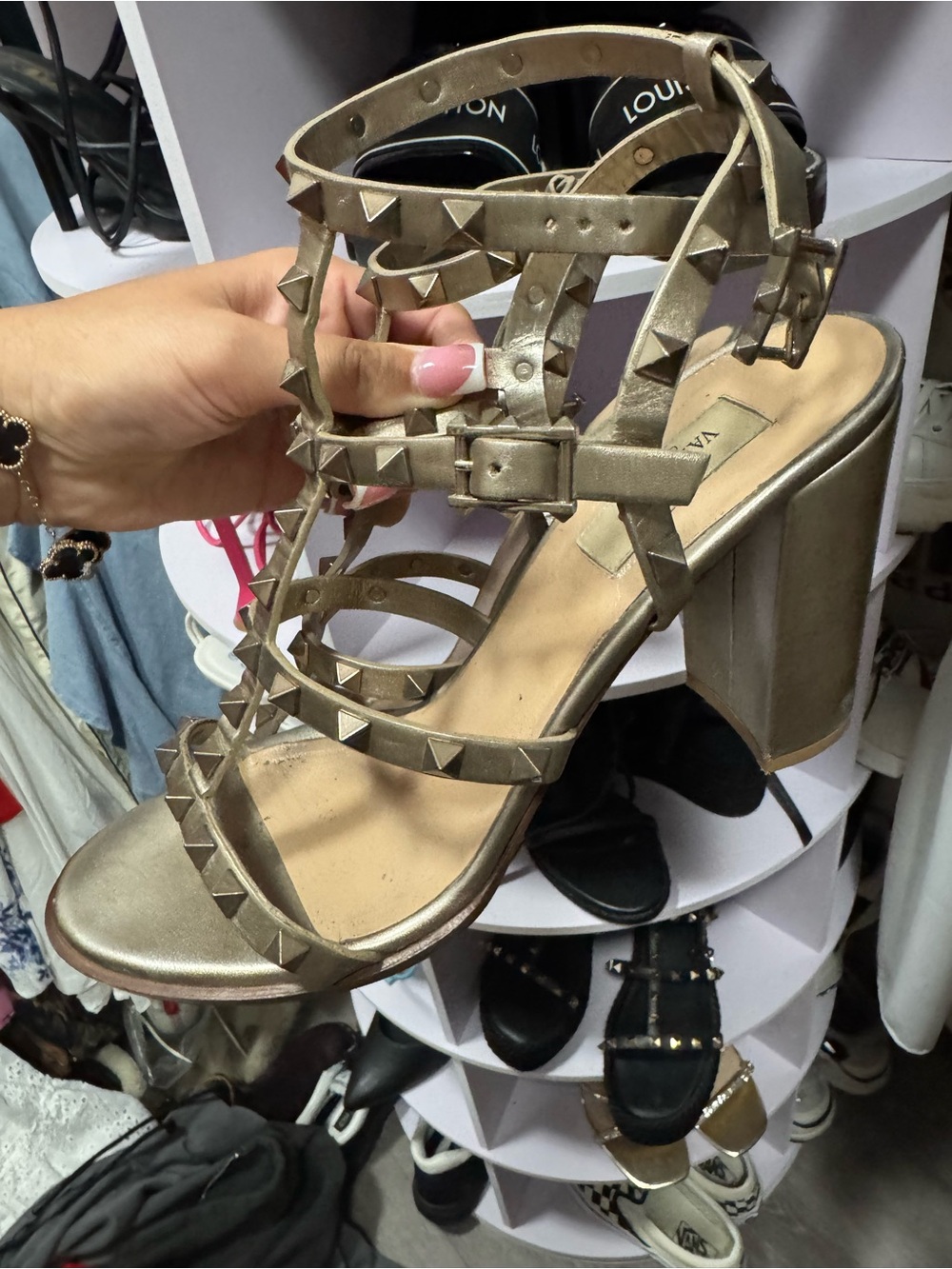 Authentic- Valentino Gold Studded T-Strap Heeled Sandals